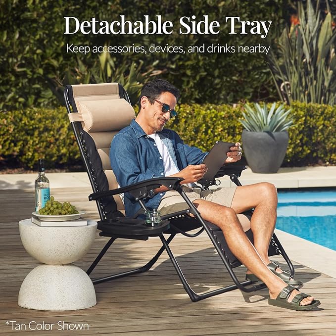 Best Choice Products Oversized Padded Zero Gravity Chair, Folding Outdoor Patio Recliner, XL Anti Gravity Lounger for Backyard w/Headrest, Cup Holder, Side Tray, Polyester Mesh - Gray - Image 7