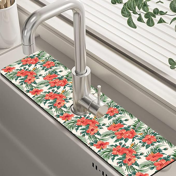 Tropical Leaves and Red Floral Kitchen Sink Splash Guard Mat Absorbent Fast by Unknown