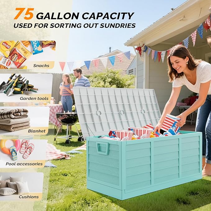 VINGLI 75 Gallon Collapsible Outdoor Storage Box, Simple-to-assemble Plastic Storage Containers with Lid, Patio Deck Box Furniture for Garden, Pool, Balcony, Yard (Green) - Image 8