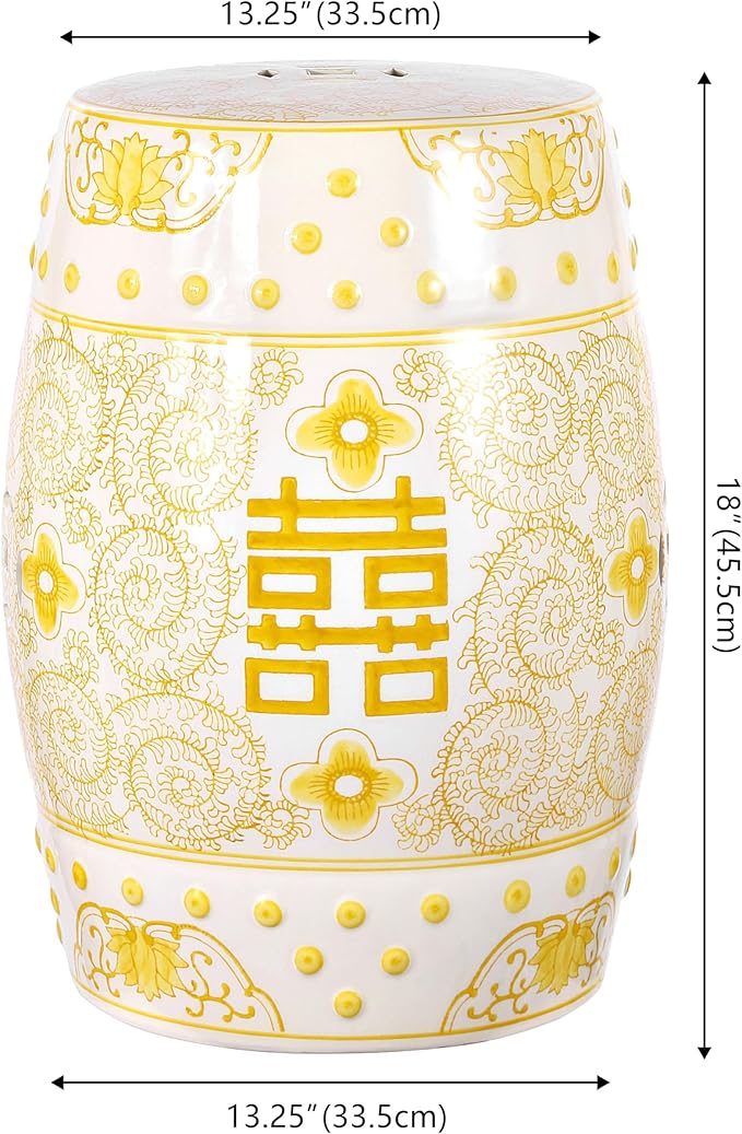 JONATHAN Y TBL1013B Double Happiness 18" Chinoiserie Ceramic Drum Indoor/Outdoor Garden Stool Bohemian, Coastal, Classic, Cottage,Traditional, Patio, Garden, Bathroom, Living Room, Yellow/White - Image 3