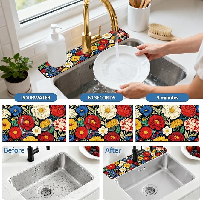 2 Pcs Kitchen Sink Splash Guard Faucet Mats Vintage Colored Flowers Pattern - Image 5