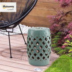 Outsunny 13" x 18" Ceramic Garden Stool with Woven Lattice Design & Glazed Strong Materials Decorative Outdoor Stool, Antique Blue - Image 2