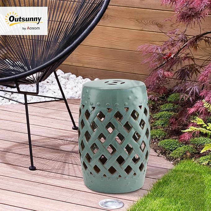 Outsunny 13" x 18" Ceramic Garden Stool with Woven Lattice Design & Glazed Strong Materials Decorative Outdoor Stool, Antique Blue - Image 2