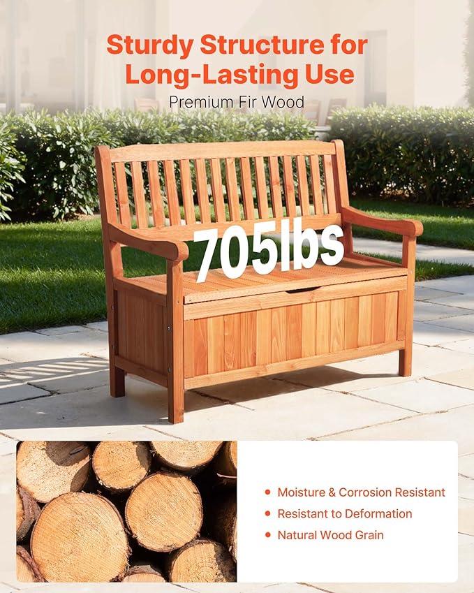 VEVOR Outdoor Storage Bench, 2-Person Wooden Storage Bench, 33 Gallons Deck Box with Side Handle, Supports up to 705 lbs, Weatherproof Outdoor Seating & Porch Decor, for Patio Garden Balcony Yard - Image 5