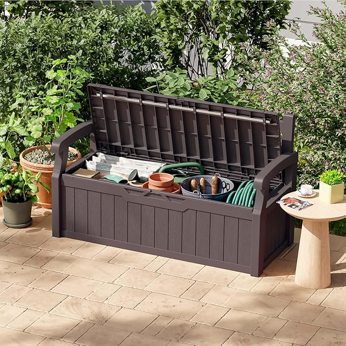 Patiowell 75 Gallon Plastic Storage Bench, Water-Resistant Deck Box for Patio Furniture, Garden Tools, Pool Storage and Outdoor Cushions, Brown - Image 2