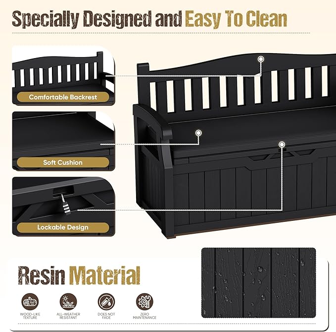 80-Gallon Outdoor Storage Bench with Cushion, Lockable Waterproof Deck Box with Armrests for Patio, Garden, Pool, Black - Image 6