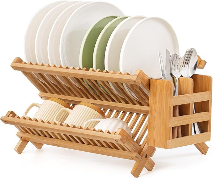 Bamboo Dish Drying Rack with Utensil Holder, 2 Tier Collapsible Dish Rack by Oyydecor