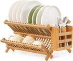 Bamboo Dish Drying Rack with Utensil Holder, 2 Tier Collapsible Dish Rack by Oyydecor