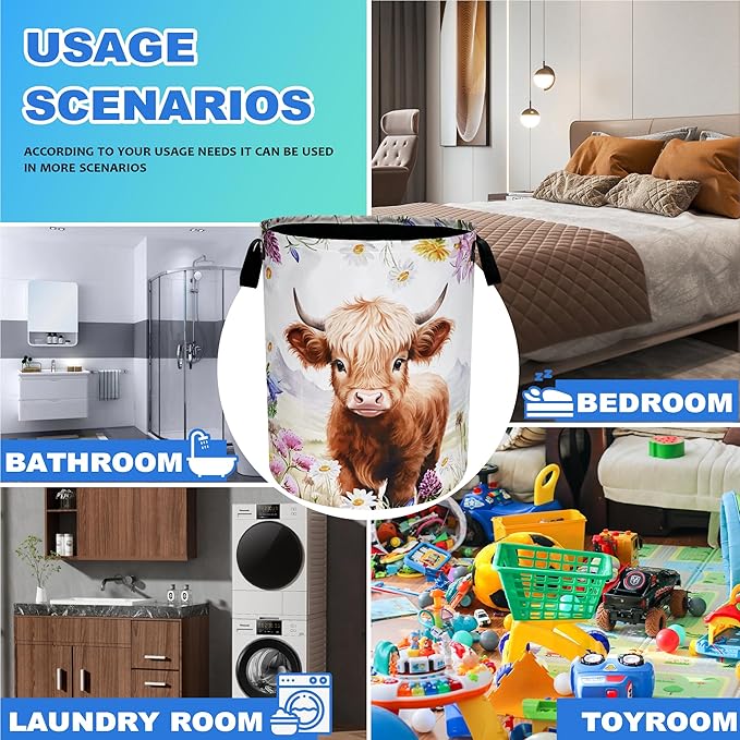 Highland Cow Laundry Basket Oxford Cloth Animal Flowers Laundry Hamper - Image 4