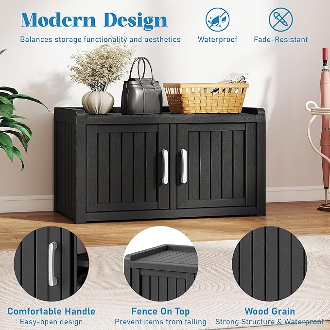 2-Tier Storage Bench, Waterproof UV-Resistant Outdoor Shoe Storage Cabinet with 2 Doors & Adjustable Shelves for Indoor Outdoor Entryway, Hallway, Living Room (Black) - Image 4