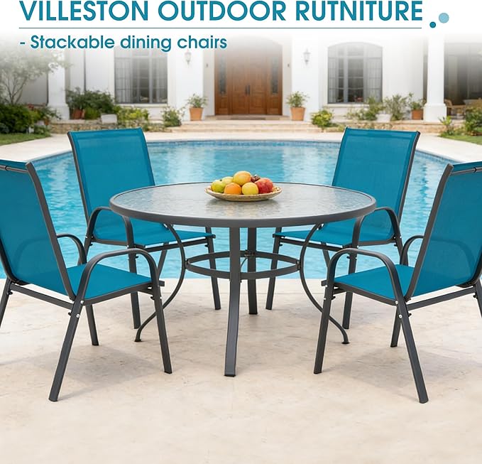Outdoor Stackable Chairs Set of 4, Stacking Patio Chairs with Textilene Fabric, Outside Furniture for Garden Backyard Balconie Poolside Deck, Blue - Image 7
