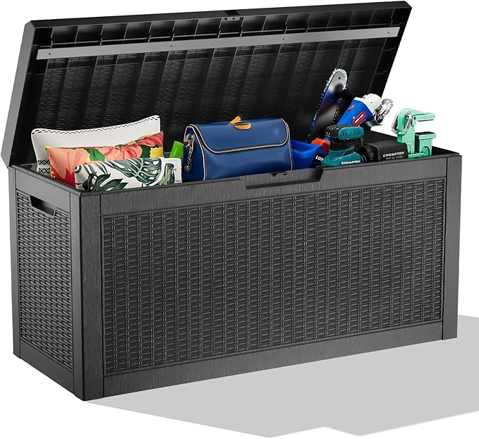 ROJIK Outdoor Storage Housing Deck Box,Waterproof Patio Furniture, Garden Tools, Cushions, Pool Accessories Storage Bench with Lockable Lid and Side Handles (Black,60 Gallon) by ROJIK