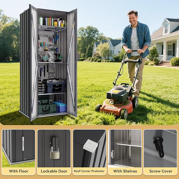 Greesum Outdoor Metal Storage Cabinet, 69'' Lockable Tall Shed, Vertical Tool Organizer with 2 Adjustable Shelves, for Garage, Patio, Backyard, Home & Lawn, Black - Image 3