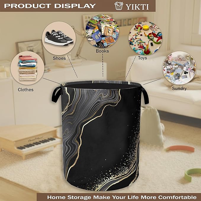 Black Gold Marble Laundry Basket, Modern Clothes Hamper, Oxford Cloth - Image 4