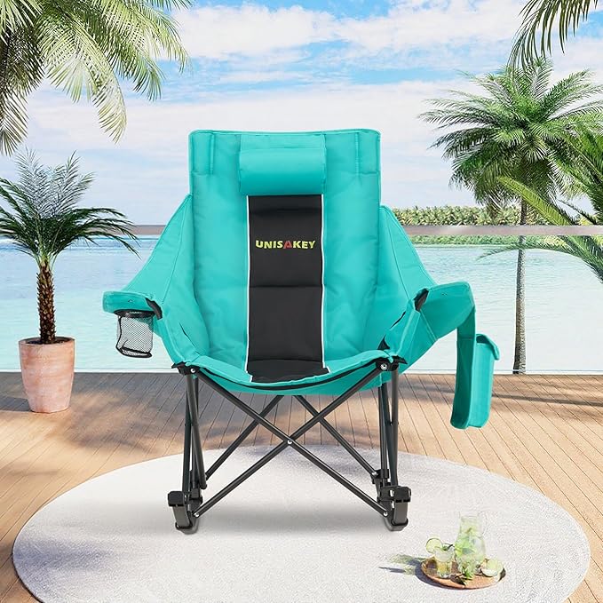 Oversized Rocking Camping Chair with Headrest & Cup Holder - 400lbs Capacity, 600D Oxford Fabric, Easy Fold Portable Outdoor Rocker Chair for Camping, Backyard, Beach, Blackgreen - Image 2