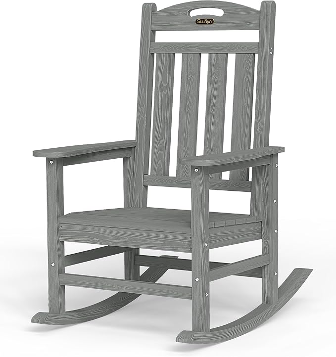 Oversized Rocking Chair Outdoor, High Back Porch Rocker Chair, HDPE All Weather Resistant Rocking Chairs for Patio, 380lbs Weight Capacity, Grey by Suunyn