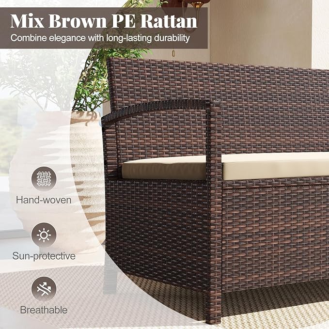 Tangkula 42 Gallon Outdoor Bench with Storage, Outdoor PE Rattan Storage Bench with Cushion, Backrest & Acacia Wood Armrests, Metal Frame, Waterproof Deck Box Seat for Porch Backyard Poolside - Image 6