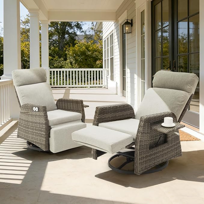 Adjustable Outdoor Recliner Chair with Independent Backrest & Footrest, Patio Swivel Recliner Chair, Wicker Reclining Patio Chair w/Flip-Up Table, 155° Lay Flat Chaise Lounge, Gray, 2PCS by Unknown