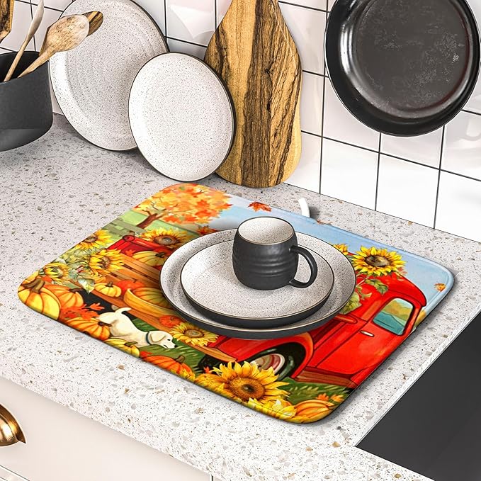 Autumn Pumpkin Red Truck Dish Drying Mat - Image 5