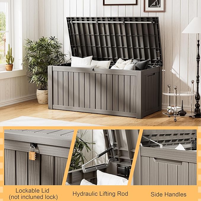 Outdoor Storage Box, Resin Deck Boxes Indoor and outdoor, Waterproof Storage Box Lockable Lid (Grey,270 Gallon) - Image 3