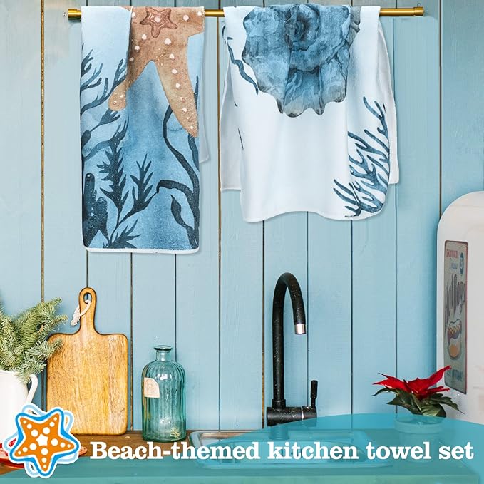 Boyiee Set of 6 Beach Kitchen Towels Sea Ocean Animal Nautical Tea Towels 24 x - Image 2
