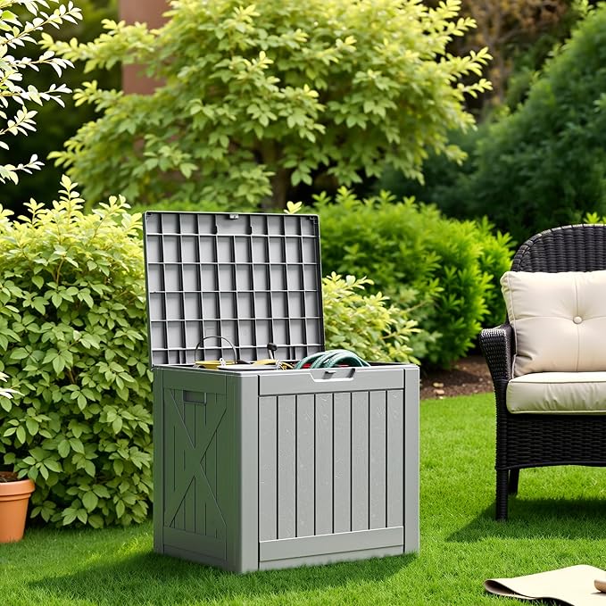 Flamaker Resin Deck Box 40 Gallon Waterproof Outdoor Indoor Storage Box Imitation Wood Resin for Patio Furniture Garden Tools and Pool (Gray) - Image 3