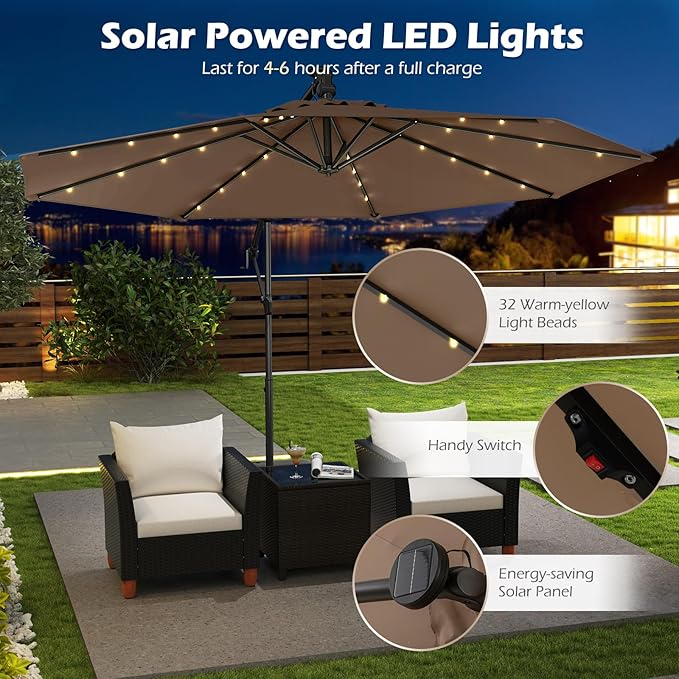 Tangkula 10ft Solar LED Patio Umbrella with Base, Offset Cantilever Outdoor Umbrella with 32 LED Lights, Infinite Tilt, 360 Degree Rotation, Crank Handle for Pool Deck Garden Backyard (Tan) - Image 6