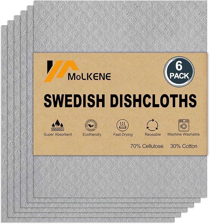 Swedish Dishcloths for Kitchen | 6 Pack Absorbent Cellulose Sponge Cloths by MoLKENE