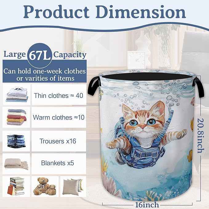 Cute Cat Laundry Basket, Foldable Oxford Cloth Sea Turtle Fish Coral Laundry - Image 2