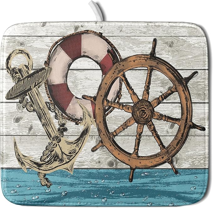 Nautical Anchor Dish Drying Mat 16x18 inch Coastal Boat Fast Dry Microfiber by Giwawa