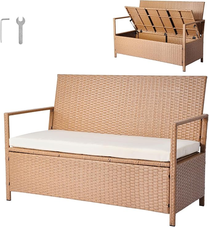 VEVOR Outdoor Storage Bench, 2-Person PE Rattan Storage Bench, 70 Gal Deck Box with Cushion, Supports up to 265 lbs, Weatherproof Outdoor Seating & Porch Decor for Patio Garden Balcony Yard by VEVOR