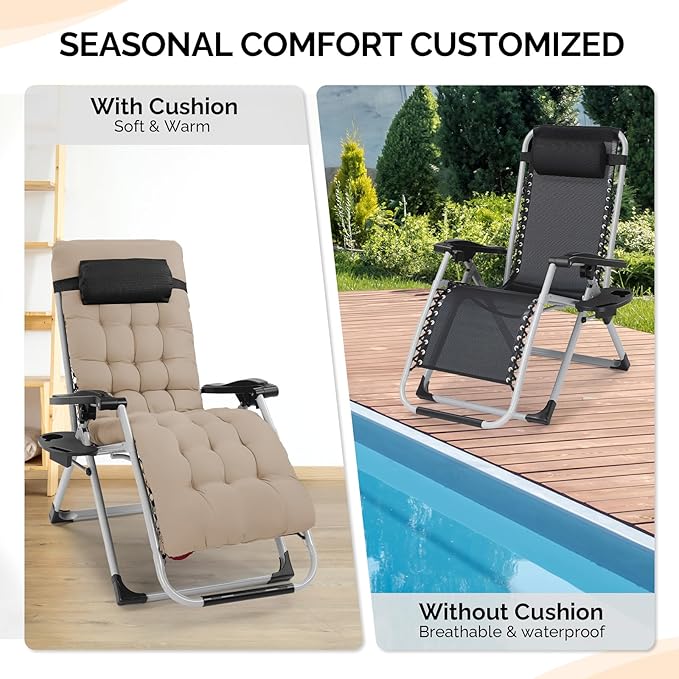 VINGLI Padded Zero Gravity Chair, Lounge Chair with Removable Cushion & Tray， Folding Reclining Patio Chairs， Recliner Chair for Lawn，Indoor Outdoor-Khaki - Image 6