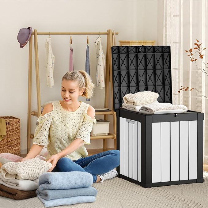 EasyUp 50 Gallon Outdoor Storage Box, Resin Waterproof UV-Resistant Deck Box, Reinforced Stability for Patio, Garden, and Poolside, Striped Black & White - Image 6