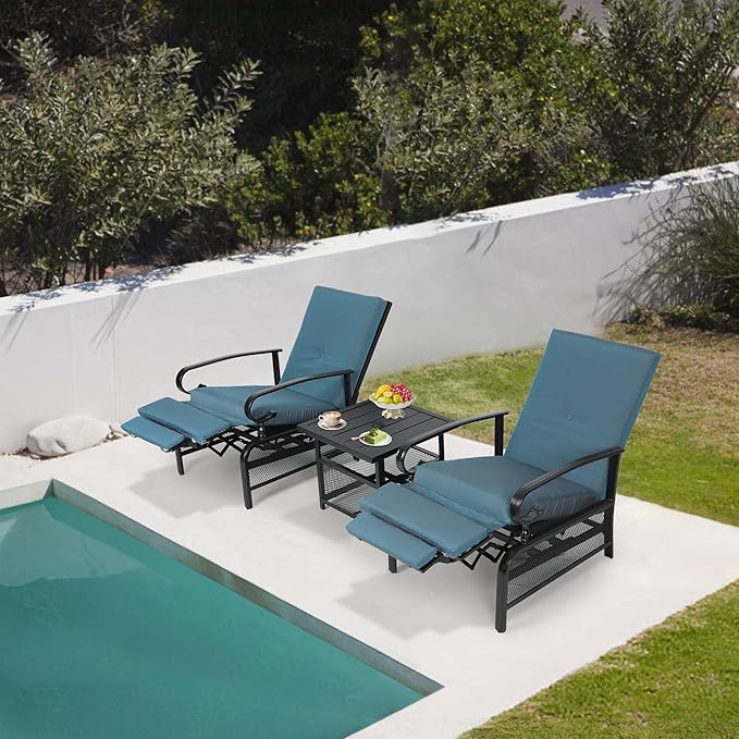 Oakcloud Adjustable Outdoor Lounge Chair Metal Patio Relaxing Recliner Chair with Removable Cushions(Peacock Blue) - Image 6