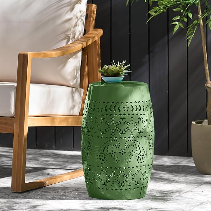 Christopher Knight Home Zoey Small Outdoor Side Table, Lace Cut Iron End Table, Metal Outdoor Stool, Hollow Drum Round Side Table, Decorative Garden Stool with Cutout Design for Patio Balcony, Green by ChristopherKnightHome