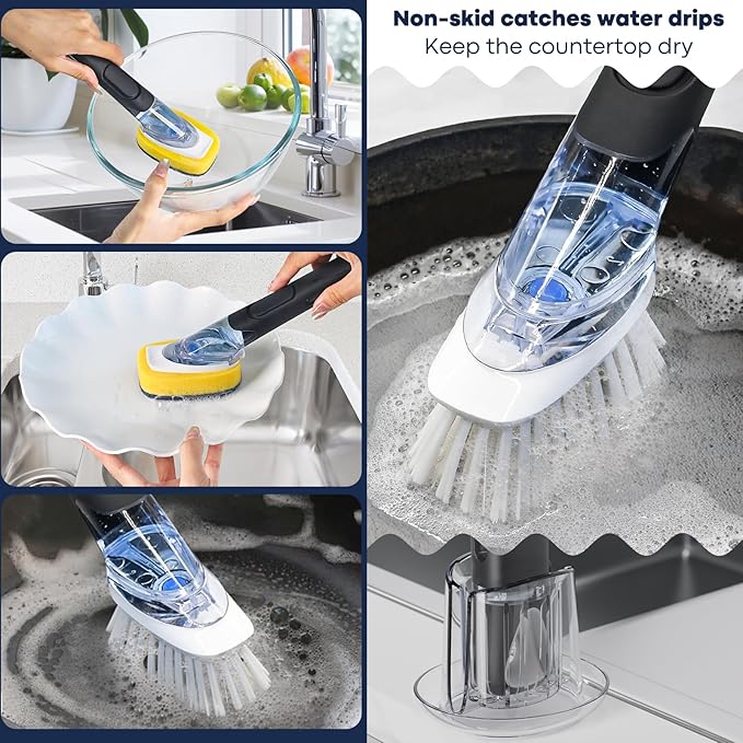 RIMAY Dish Brush with Soap Dispenser Storage Set with 2 PCS Brush Refills & - Image 5