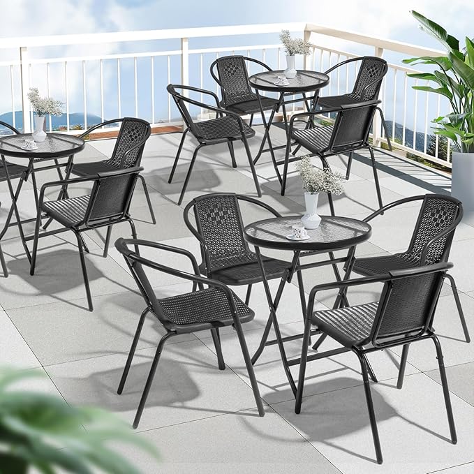 VINGLI PE Rattan Outdoor Dining Chairs Set of 4, Plastic Stackable Patio Chairs for Indoor, Porch, Restaurant, Garden, Black - Image 8