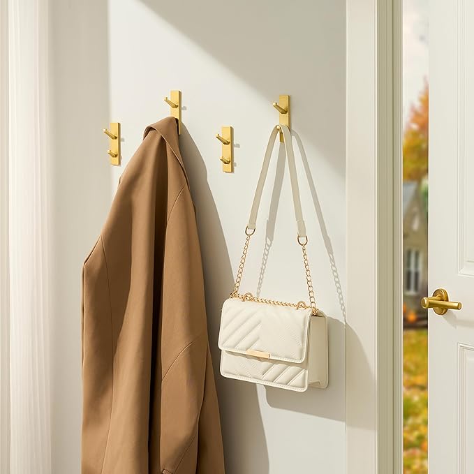 Gold Wall Hooks for Coat Towel: 13LB Adhesive Door Hanger Stick on, 4 Pack - Image 3