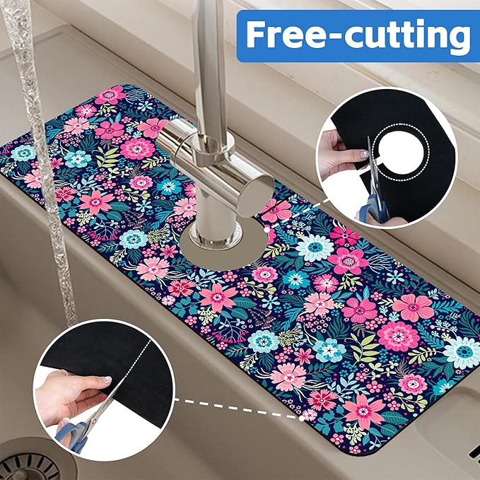 Modern Blue and Pink Floral Sink Faucet Absorbing Mat Sink Splash Guard Faucet - Image 7