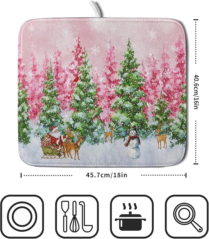 Santa Claus Dish Drying Mats for Kitchen Counter Watercolor Forest Decoration - Image 2