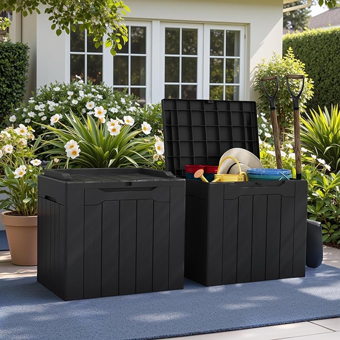 Greesum 31 Gallon Deck Box for Outside, All Weather Outdoor Storage Boxes for Patio Furniture Set, Package Delivery Box, Garden Tools, Black(Set of 2) - Image 3