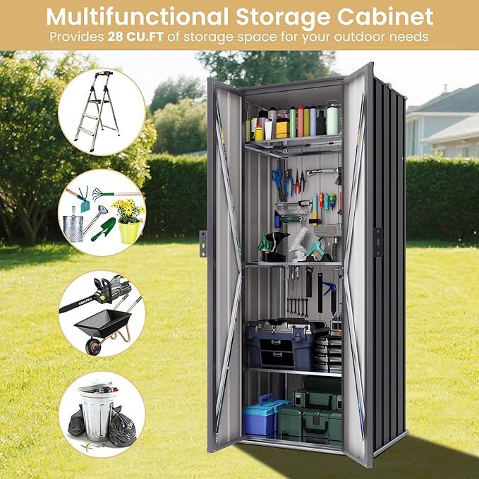Greesum Outdoor Metal Storage Cabinet, 69'' Lockable Tall Shed, Vertical Tool Organizer with 2 Adjustable Shelves, for Garage, Patio, Backyard, Home & Lawn, Black - Image 4