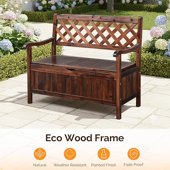 VINGLI Outdoor Storage Bench, Large Wood Deck Box with Seating, Weatherproof Outdoor Bench with Storage Loveseat, 2-Person Wooden Patio Bench for Entryway, Backyard, Garden - Image 5