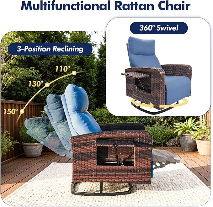 Outdoor Recliner Chair Set of 2, Wicker Patio Recliners with Adjustable Backrest and Extended Foot Rest, Reclining Patio Chairs with Flip Table & Removable Cushion Cover for Porch - Image 3