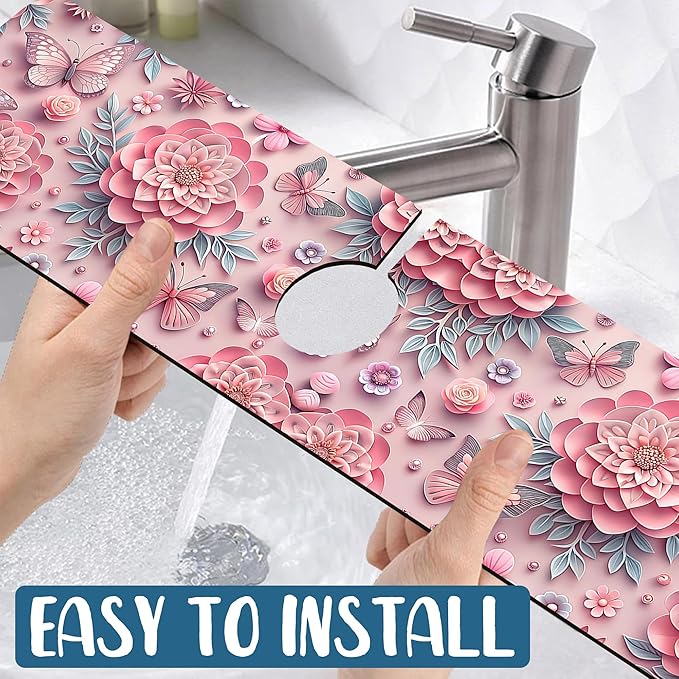 Pink Floral Sink Splash Guard Faucet Mat Flower Butterfly Super Absorbent Fast - Image 5