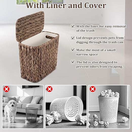 Wicker Trash Can with Lid and Liner, Handwoven Wicker Waste Basket, Water - Image 3