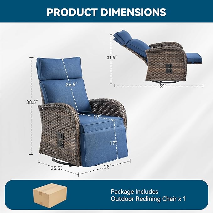 Zero Gravity Patio Swivel Rocking Recliner Chair - Wicker Outdoor Lounge Chair with Adjustable Backrest & Footrest, All Weather Reclining Rocker Chairs with Thick Cushion for Pool Deck Blue - Image 2