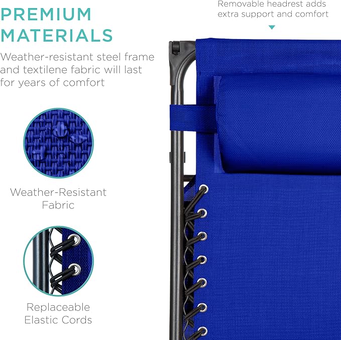 Best Choice Products Folding Zero Gravity Outdoor Recliner Patio Lounge Chair w/Adjustable Canopy Shade, Headrest, Side Accessory Tray, Textilene Mesh - Cobalt Blue - Image 6