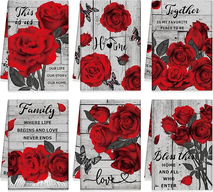 Breling Set of 6 Valentine's Day Red Rose Kitchen Towels Vintage Flowers Dish by Breling