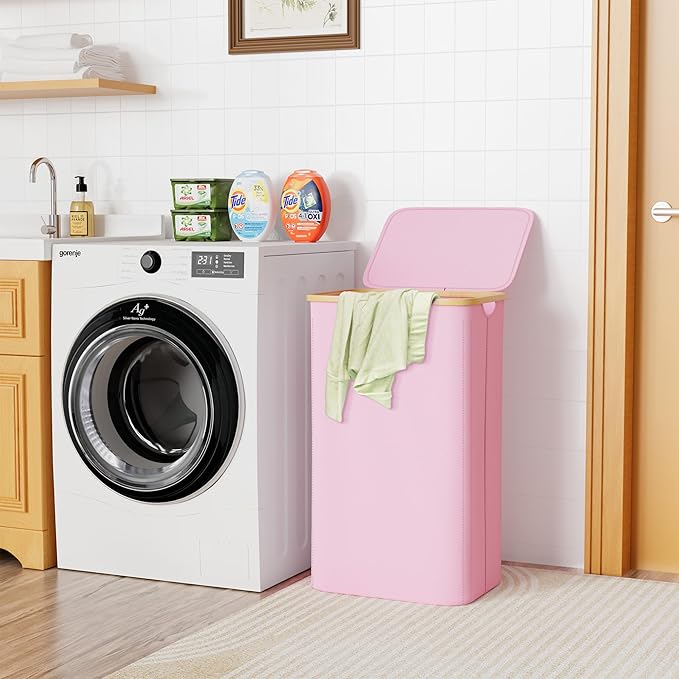 SUOCO Laundry Hamper with Lid, 29 Gal Clothes Basket with Bamboo Handles - Image 4